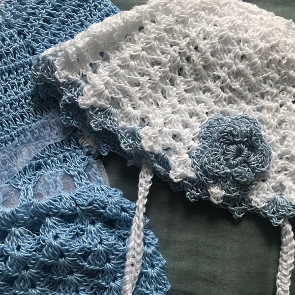 Crochet Blue and white New Born Baby Dress And Hat Read - Picture 8 of 9